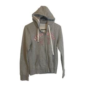 Aeropostale Women's Size Large Grey Pink Logo Hooded Full Zip Up Sweater